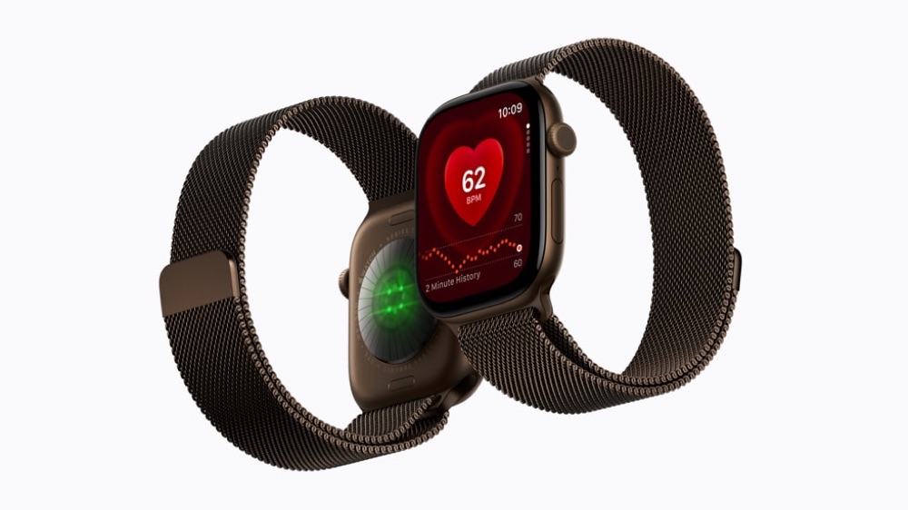 Two Apple Watch Series 12 models shown side by side with different bands and watch faces.
