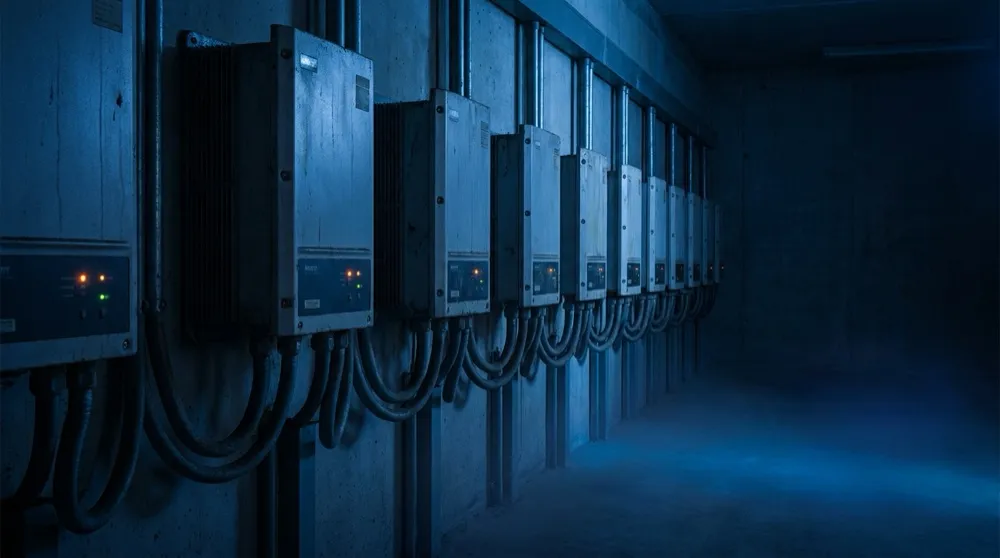 Rows of grid-tied solar inverters mounted on a wall in a plant room, status lights lit in the dark