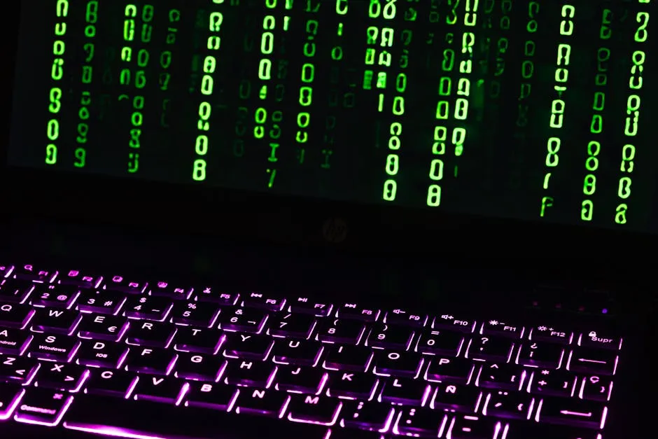 Conceptual cyber scene: green code on a dark laptop over a backlit keyboard — illustrating this week's threat brief.