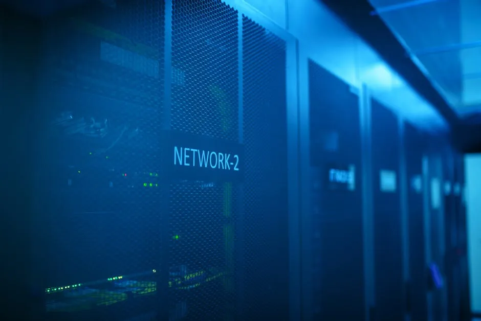 Network server room with rack cabling, illustrating a firewall vulnerability at the network edge.