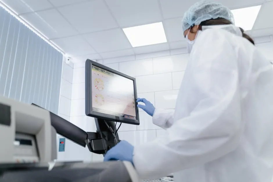 Researcher reviewing health data on a screen in a lab, illustrating AI-assisted clinical-trial monitoring.