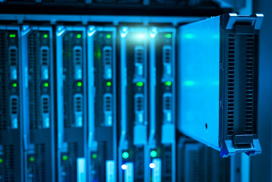 Server racks in a secure data centre, illustrating government AI agents running on an air-gapped cloud.