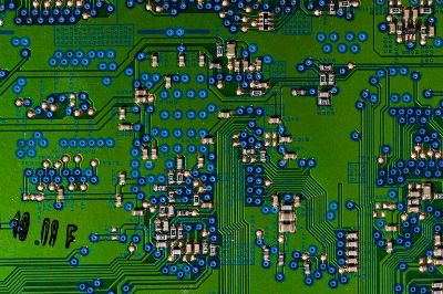 Detailed view of a circuit board highlighting electronic components.