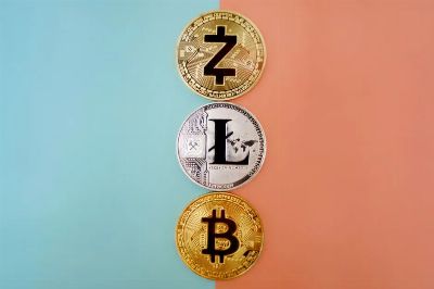 Colorful display of Zcash, Litecoin, and Bitcoin coins on gradient background.