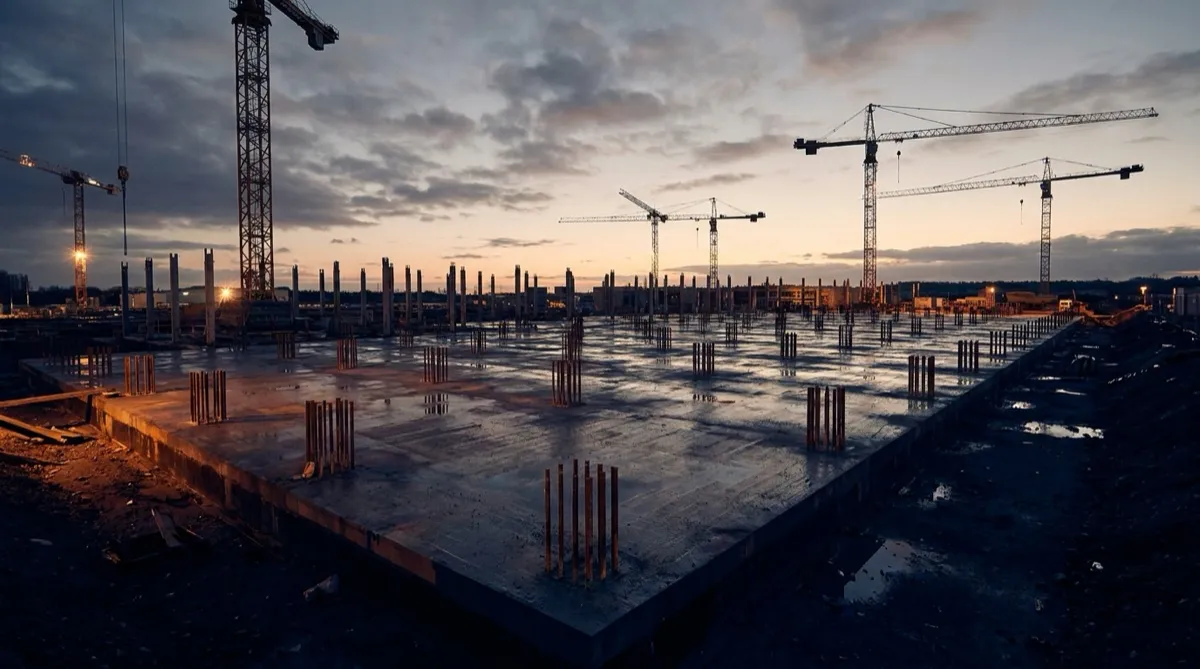 Vast concrete foundation slab with rebar stubs and cranes at dusk, no buildings yet — illustrating capital committed ahead of the revenue it is meant to produce.