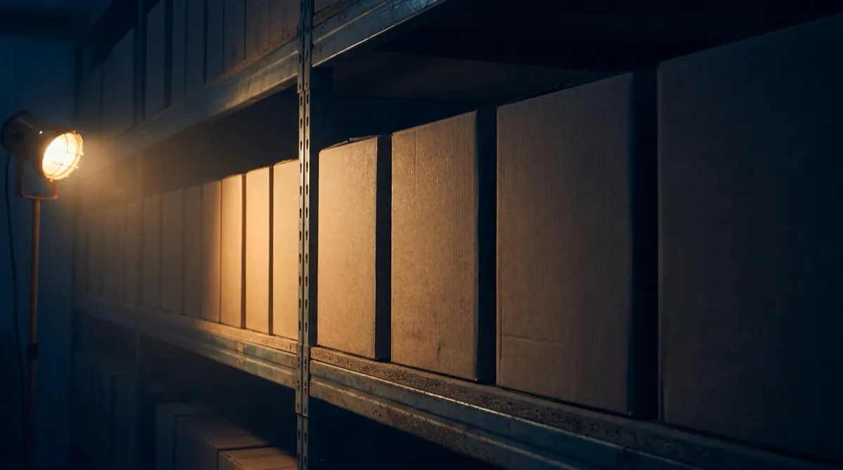 A row of identical unlabelled cardboard boxes on a dim warehouse shelf, lit by a single work lamp from the left