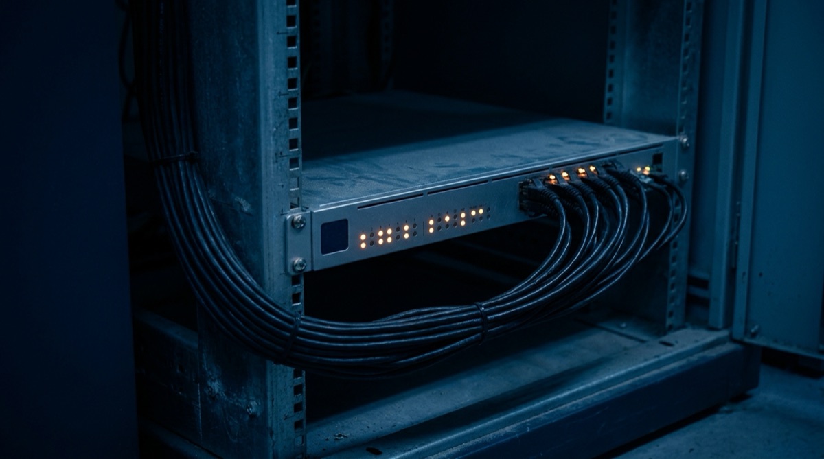 A rack-mounted network appliance with amber status lights in a dim equipment room