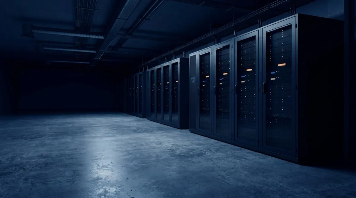 A darkened server hall at night, rows of cabinets receding down a concrete aisle with status lights glowing faintly.