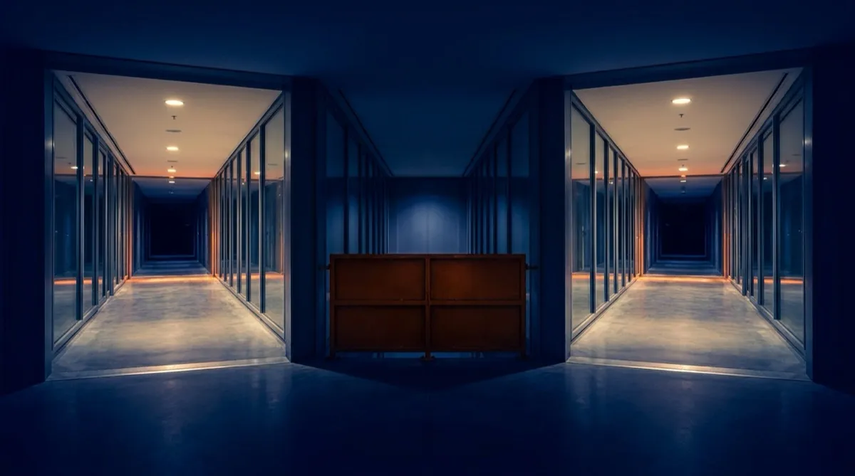 Three corridors in low light — two continuing into the distance, one closed off by a barrier — illustrating three models reaching different conclusions from the same evidence.