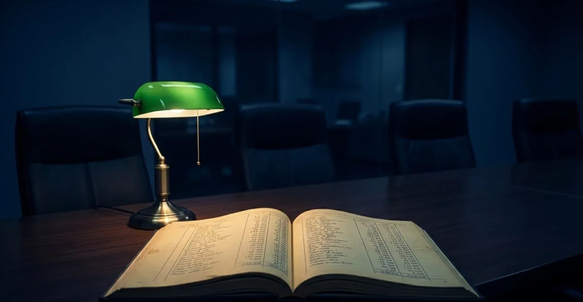 A green banker's lamp lighting an open ledger of figures on a boardroom table at night, empty chairs around it