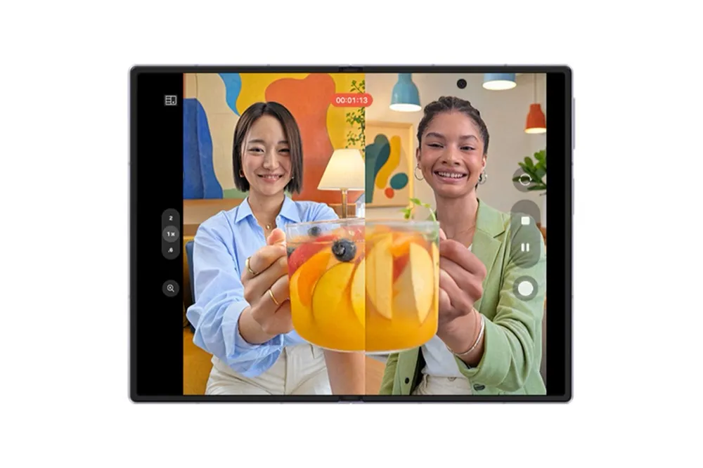 The Galaxy Z Fold8 open flat, its wider screen showing two camera feeds side by side