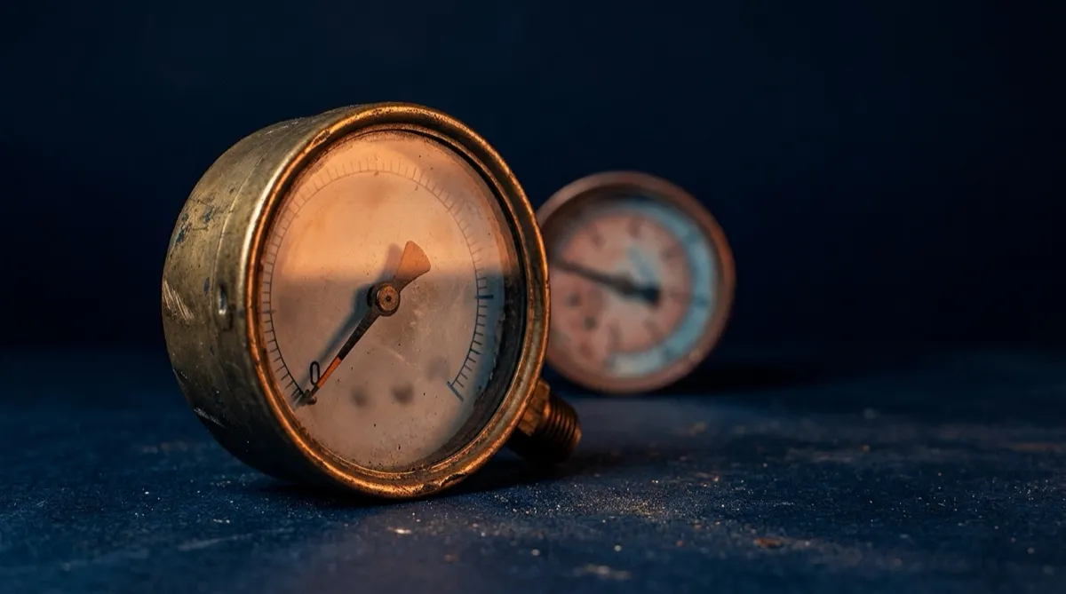 Photographic still life on a deep navy ground: an antique brass pressure gauge with its needle swung to a low reading, a second smaller gauge out of focus behind it
