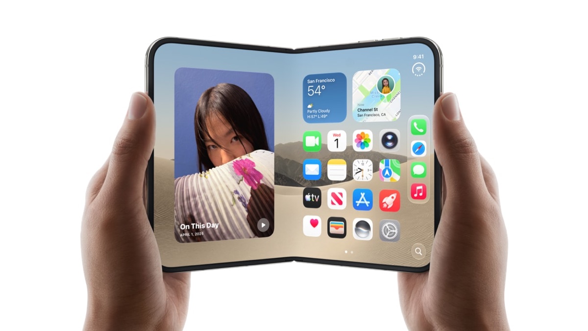 Two hands holding an open iPhone Duo, its 7.6-inch inner display showing the iOS home screen with widgets and app icons across the fold.