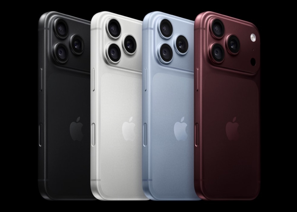 Four iPhone 18 Pro handsets shown from the back in burgundy, glacier, silver and black finishes.
