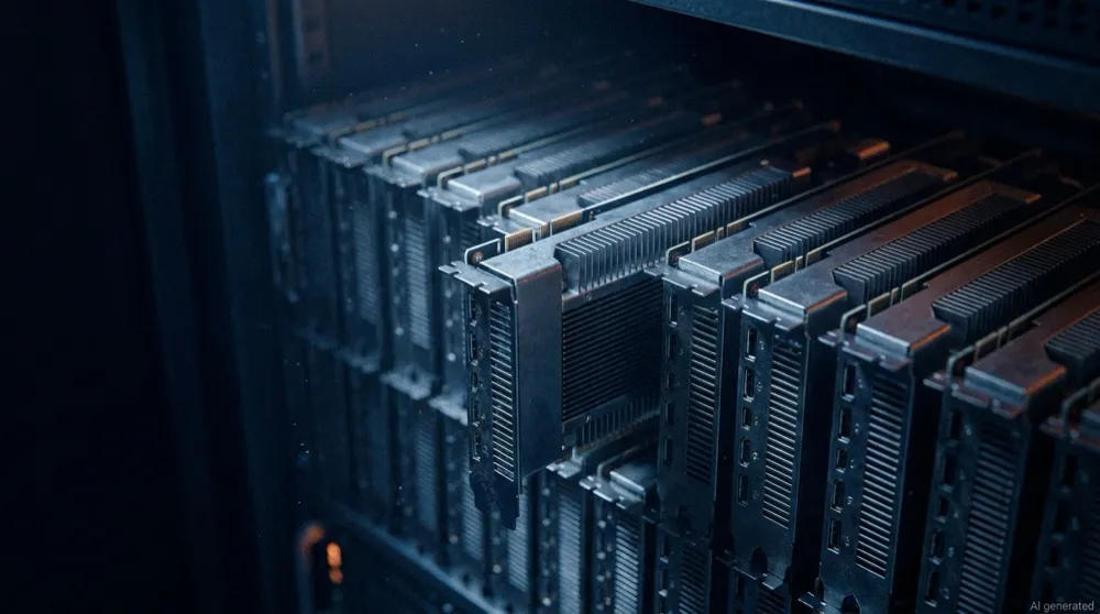 A dense column of accelerator boards seen edge-on inside a dark server chassis, one drawn slightly forward