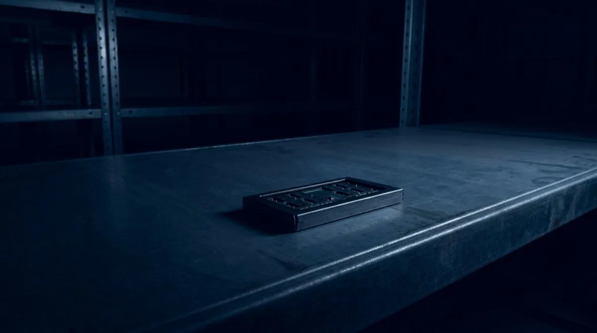 A lone memory module on an otherwise empty steel shelf in a dark warehouse — illustrating the supply squeeze pushing up phone prices.