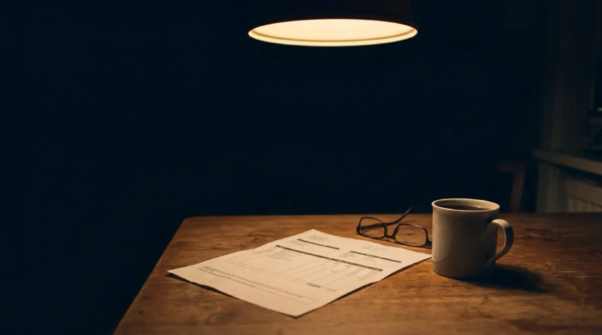 A printed payslip on a kitchen table at night beside a coffee cup and reading glasses, under a single warm overhead light