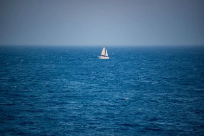 A solitary sailboat voyages across the calm blue seas, capturing the essence of maritime adventure.