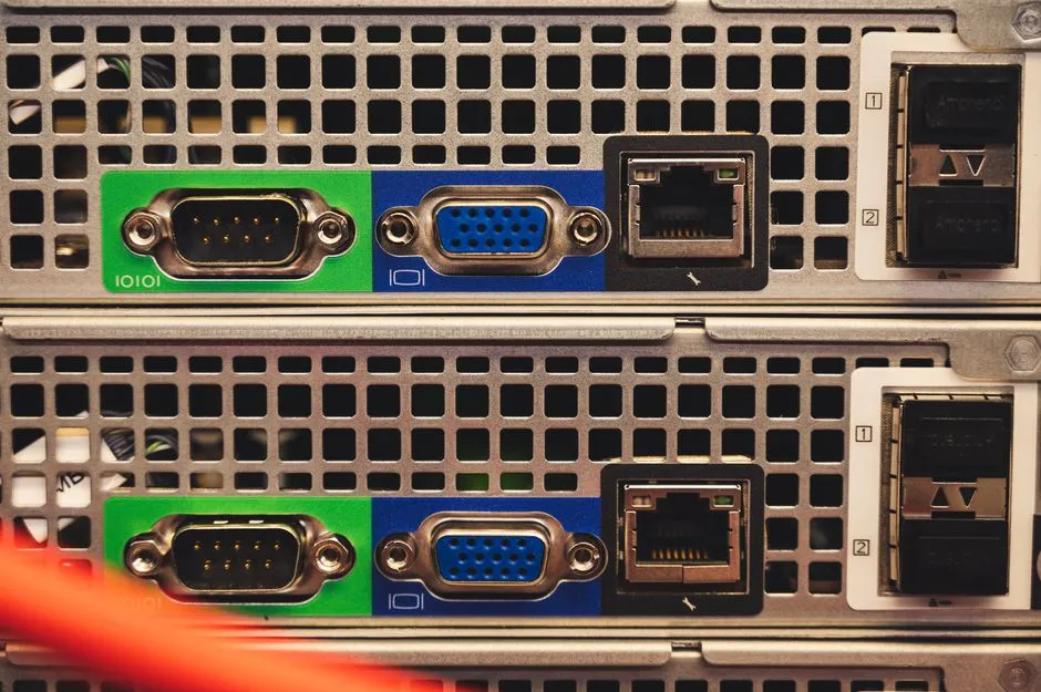 Rack server rear ports with a patch cable — your private chat stack runs on hardware you control