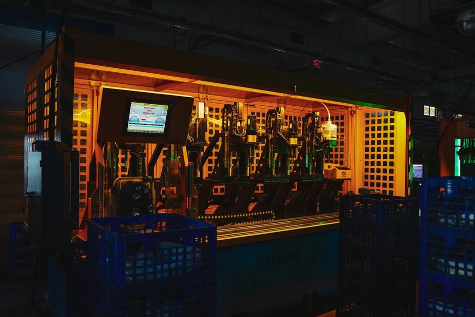 Industrial automation line glowing orange — n8n automates the plumbing between your systems