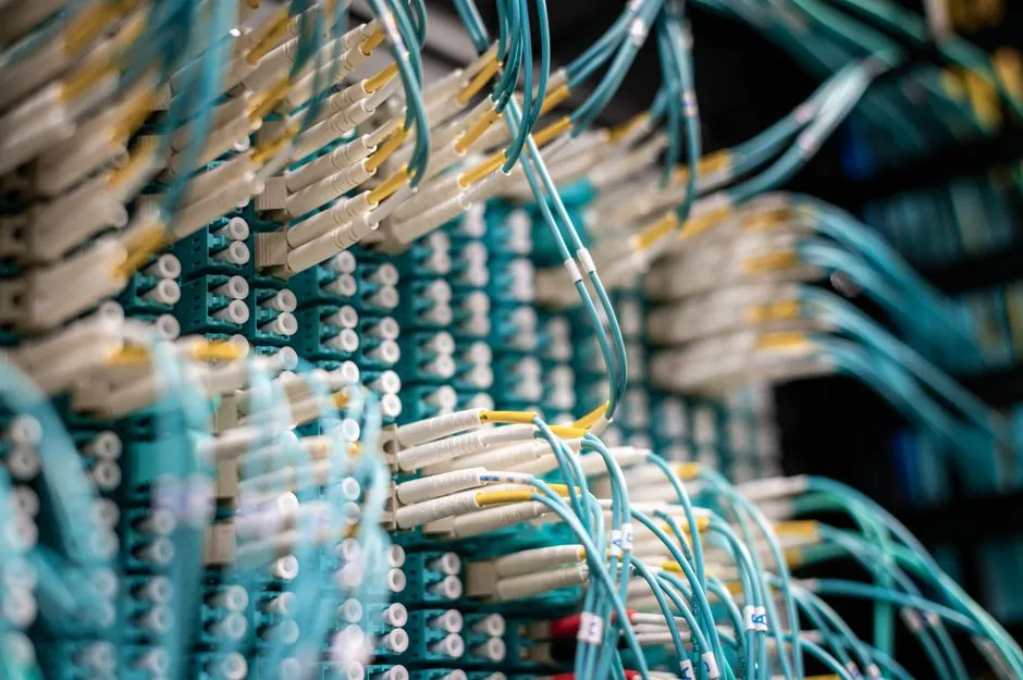 A fibre patch panel dense with teal cables — visual flows, wired together