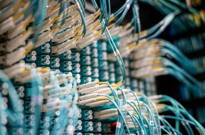 From below of fiber optic switch with sockets and connected rubber cables on blurred background