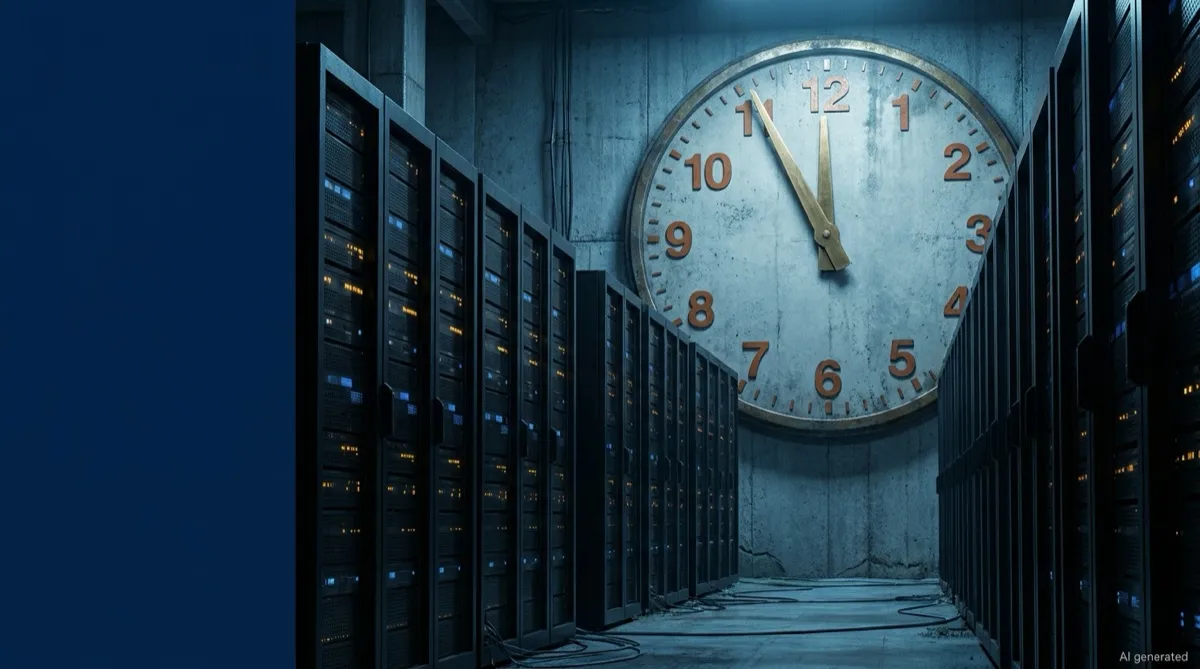 Darkened hall of server cabinets with a wall clock close to midnight — illustrating the three-day remediation clocks these SharePoint entries carried.