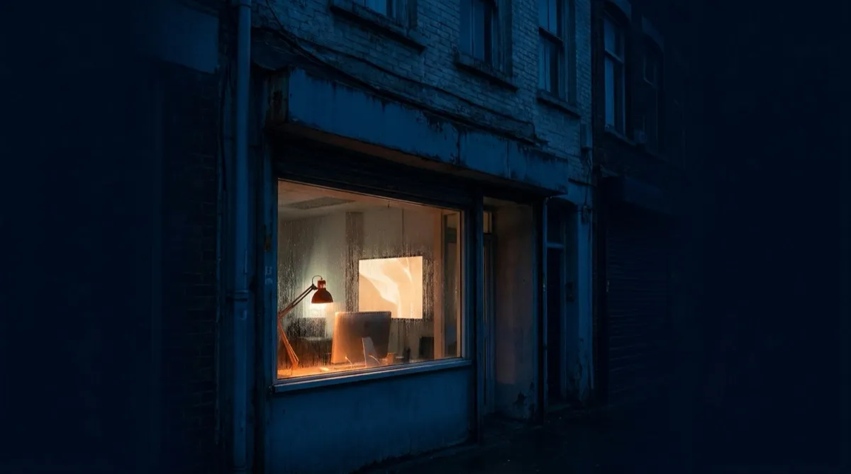 A small shopfront office at night, one desk lamp and a monitor still lit behind the window, the rest of the street in darkness.