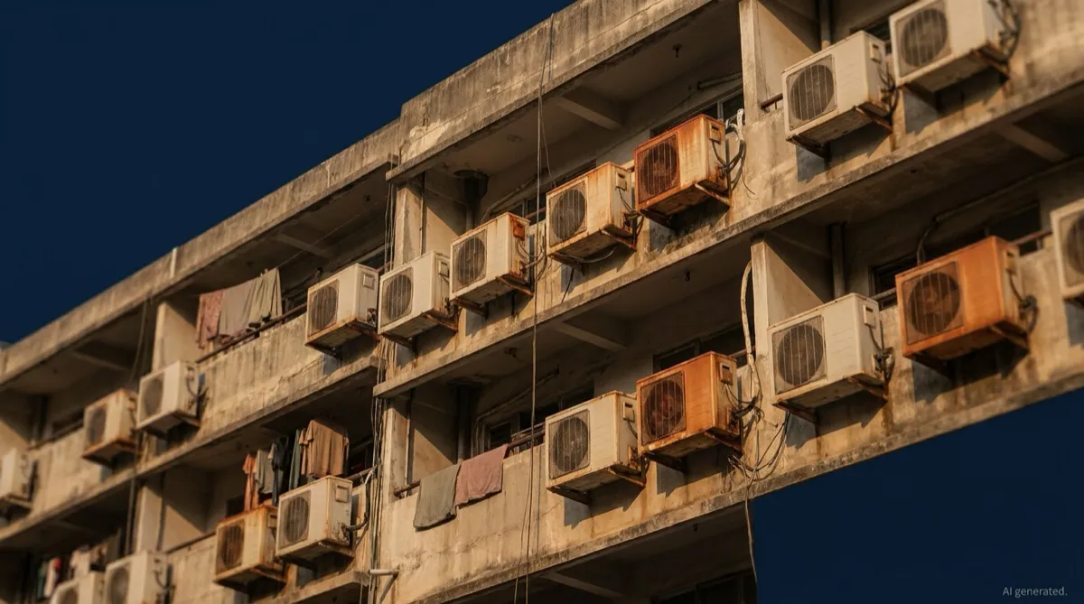 Rows of weathered air-conditioner condenser units bolted to the balconies of a tropical apartment block at golden hour, laundry hanging between them, against a deep navy sky.