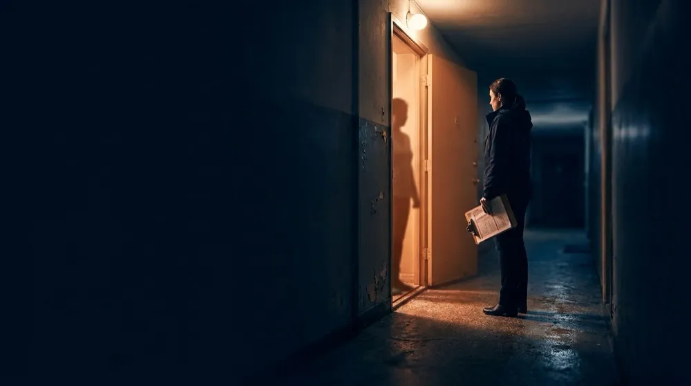 A survey interviewer with a clipboard stands at a lit doorway at the end of a dim corridor.