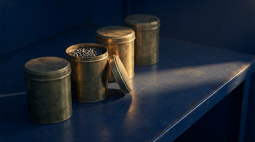 Four identical unmarked brass canisters on a dark navy steel bench, one with its lid leaning beside it showing coarse grey gravel inside.