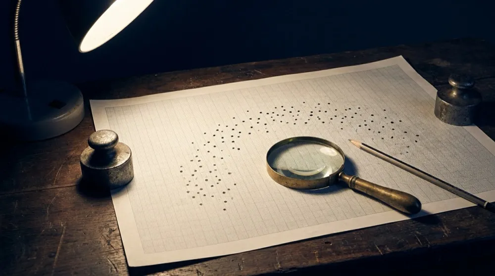 Graph paper under a desk lamp with a hand-inked cloud of dots and a brass magnifier, no axes or numbers.