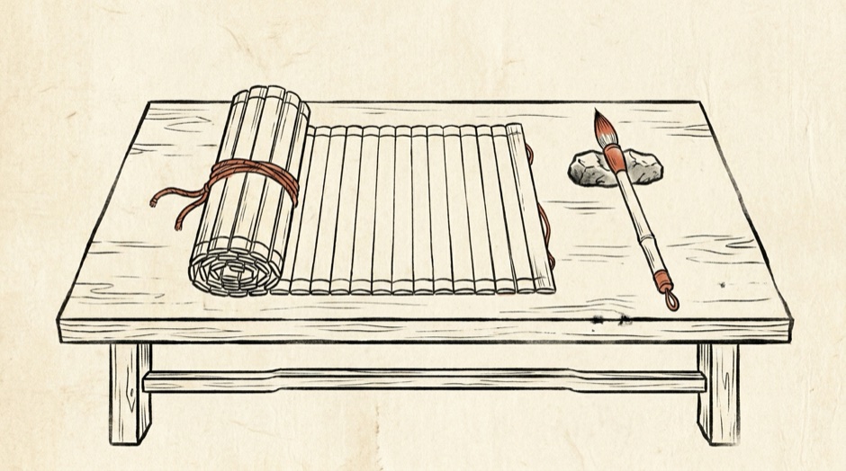 Woodblock-style line illustration on aged ivory paper: a bundle of blank bamboo slips bound with vermilion cord, laid open on a low table beside a writing brush.