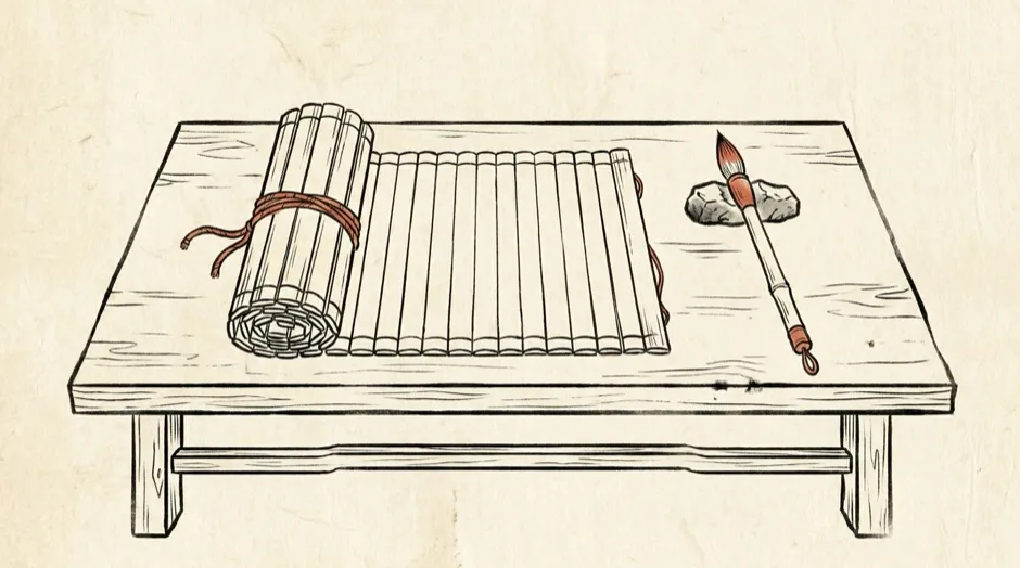 Woodblock-style line illustration on aged ivory paper: a bundle of blank bamboo slips bound with vermilion cord, laid open on a low table beside a writing brush.