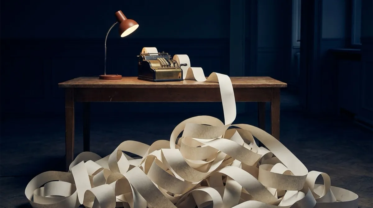 A printed invoice on a desk under lamplight, its line items running off the bottom of the page.