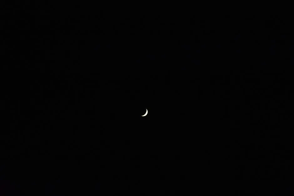 A thin crescent moon low in an almost black evening sky