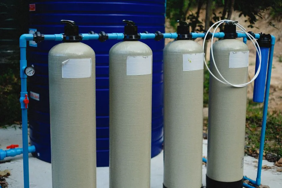 Four water filtration vessels connected by blue pipework and valves beside a storage tank, illustrating a report on attacks against water plant controllers.