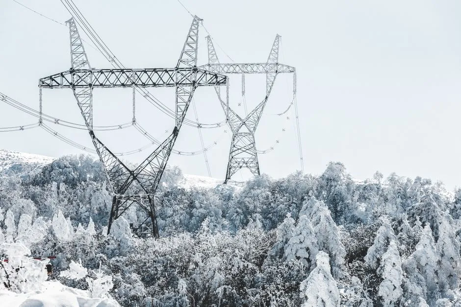 A scenic view of transmission towers amidst snow-covered trees during winter.