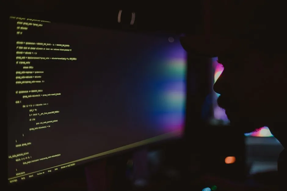A monitor showing lines of code in a darkened room, with a figure silhouetted beside it.