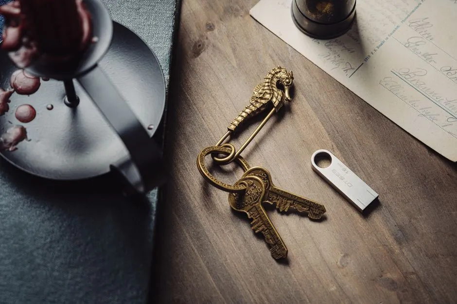 A ring of old brass keys lying on a wooden desk beside a USB drive