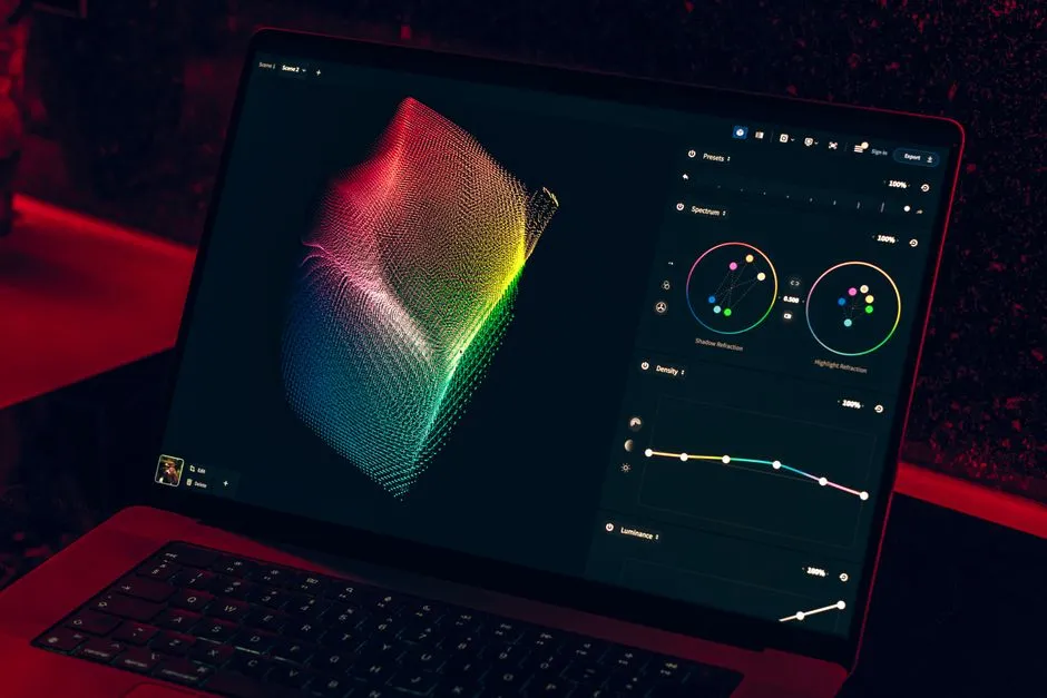 A laptop screen in a dark room showing a colour-grading application: a three-dimensional colour plot on the left and rows of sliders and dials on the right.
