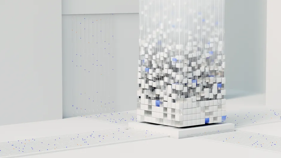 An abstract render of small cubes rising in a column, illustrating a new frontier AI model