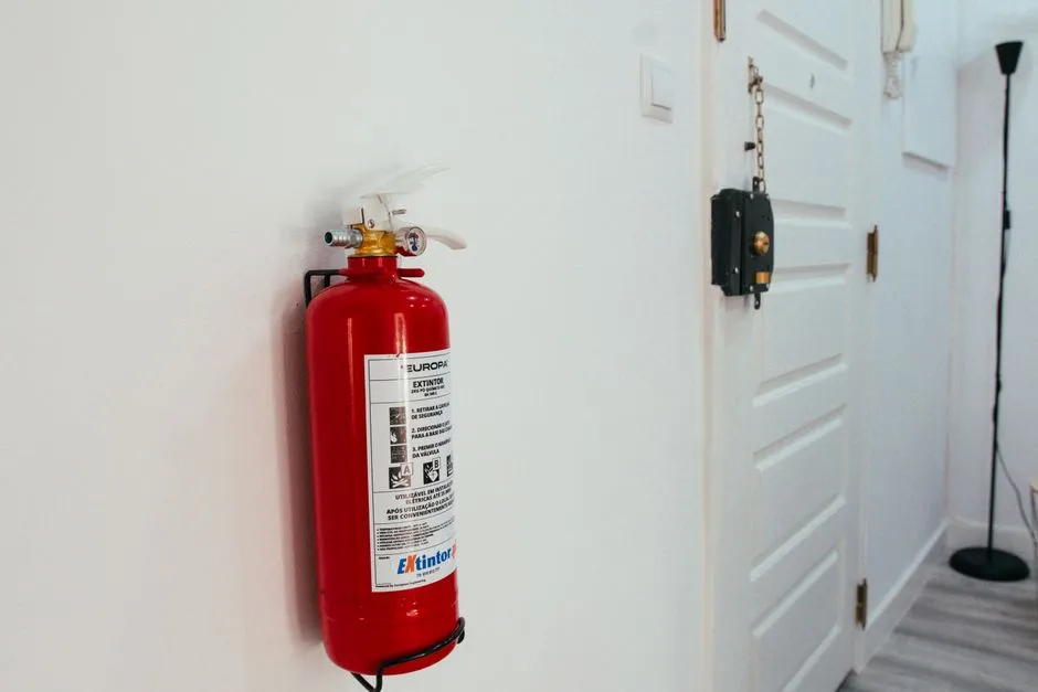 A red fire extinguisher in its bracket on a plain white wall in a quiet domestic hallway, its instruction label unmarked and its pin still in place, beside a closed panelled door.