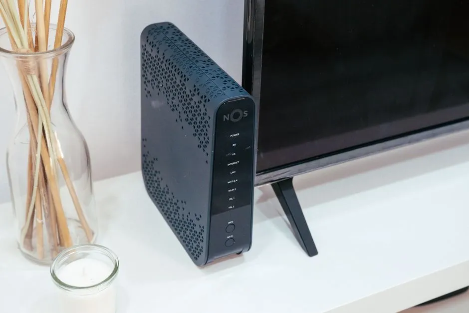 A black home router standing on a white shelf beside a television and a vase of reed diffuser sticks.
