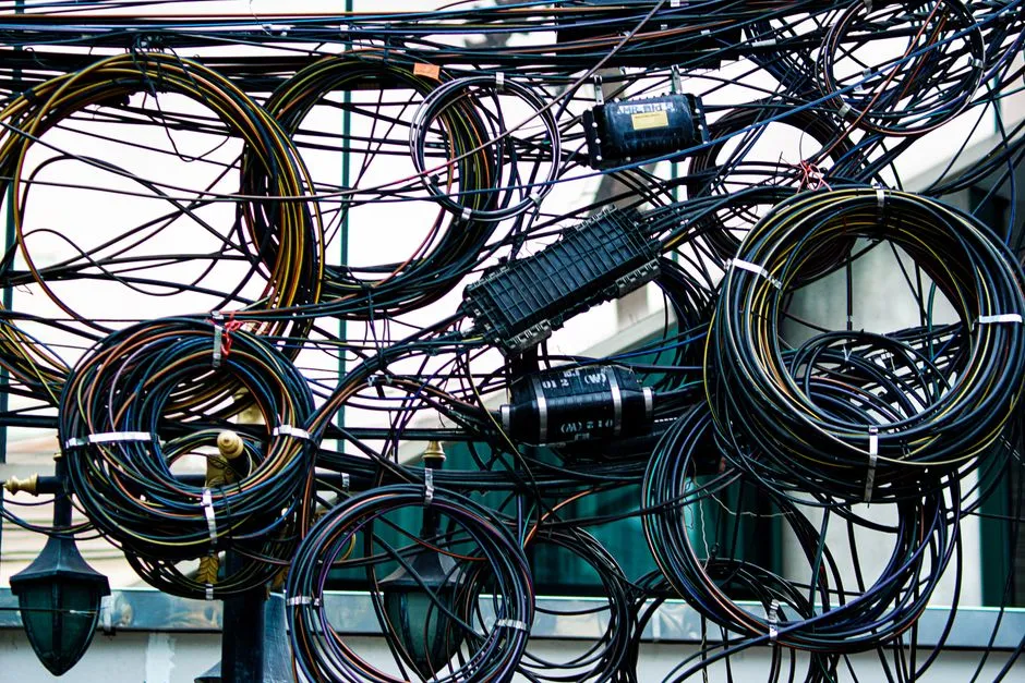 A dense tangle of network cables and connectors filling a rack, layered and unlabelled.