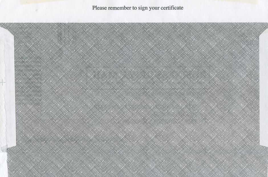 A security-printed certificate filling the frame with a fine anti-copy crosshatch pattern, above the printed line 'Please remember to sign your certificate' — illustrative of provenance marking in its older, visible form.