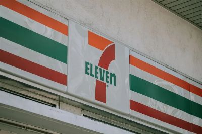Close-up of a convenience store's iconic sign above the entrance.