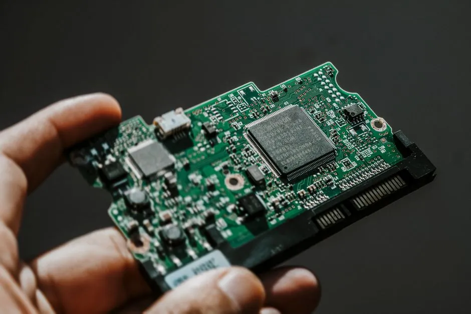 A hand holding a bare printed circuit board with its main controller chip visible