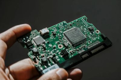 Close-up view of a green circuit board held by a hand, showcasing technology details.