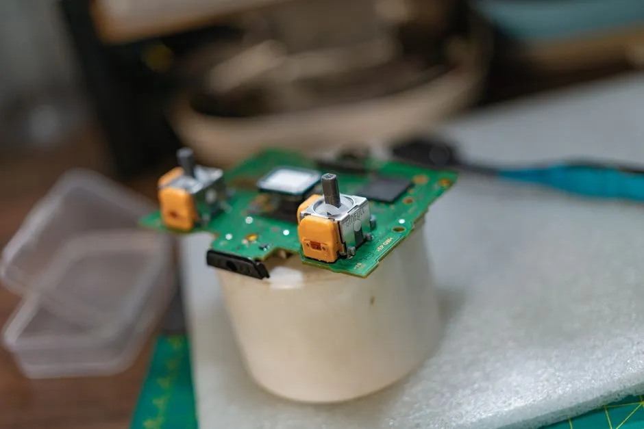 A small circuit board carrying discrete components, on a repair bench